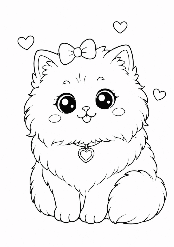 Cute Persian cat coloring page for kids with fluffy kawaii kitten