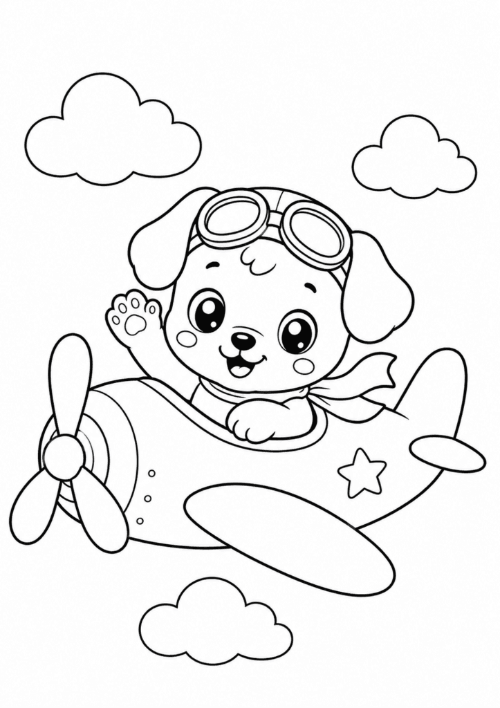 Cute puppy flying an airplane with clouds coloring page for kids