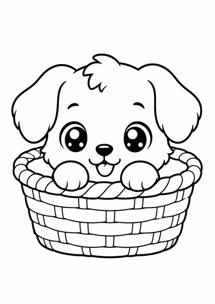 cute puppy in basket coloring page for toddlers