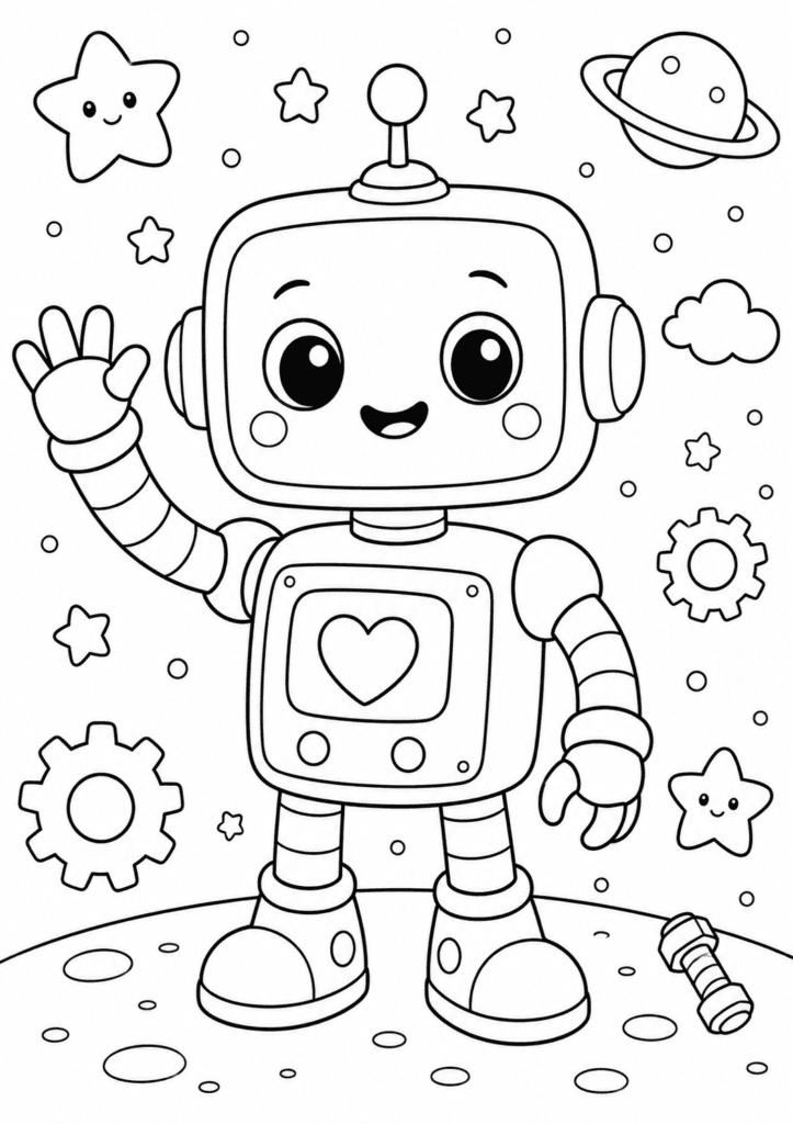 Cute robot coloring page for kids with kawaii robot in space