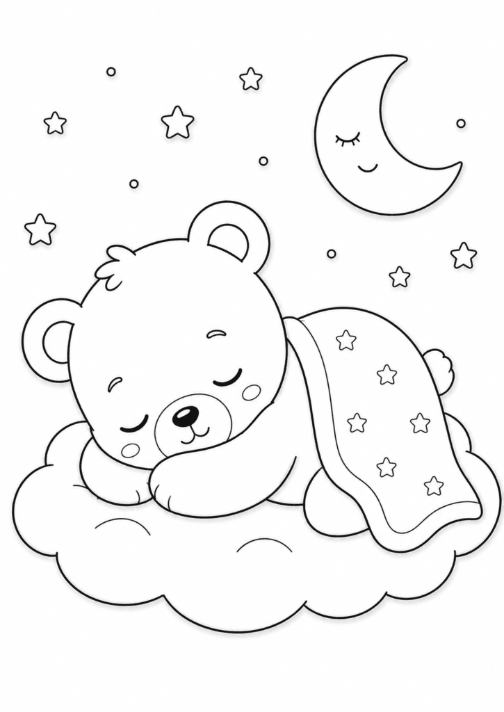 Cute sleeping bear coloring page for preschool kids