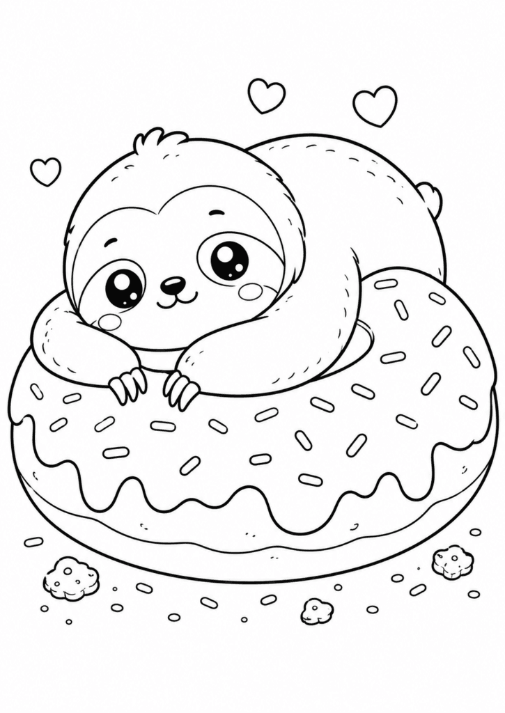 Cute sloth lying on a donut coloring page for kids