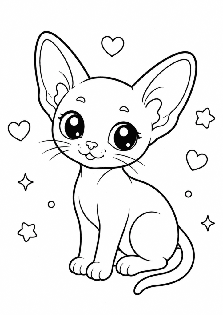 Cute Sphynx cat coloring page for kids with kawaii kitten