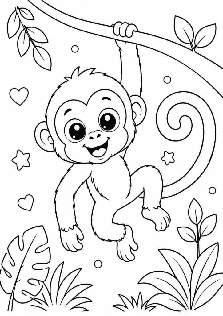 Cute spider monkey coloring page for kids swinging in jungle