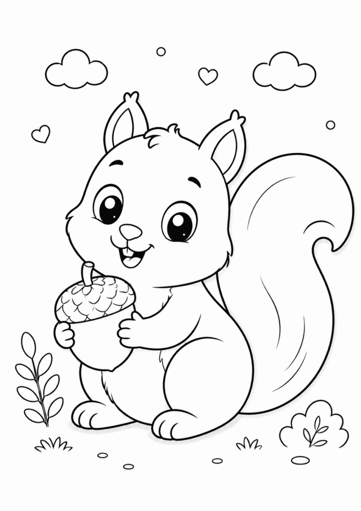 cute squirrel with acorn coloring page