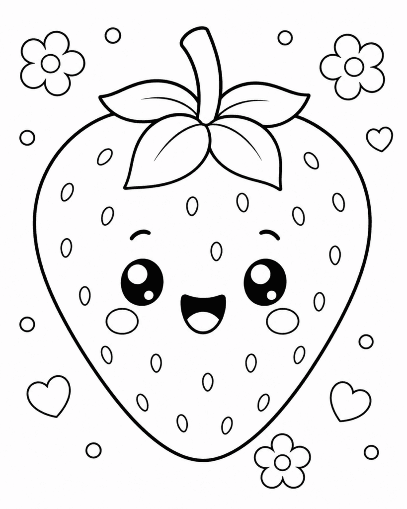 Cute strawberry coloring page for kids with simple kawaii strawberry