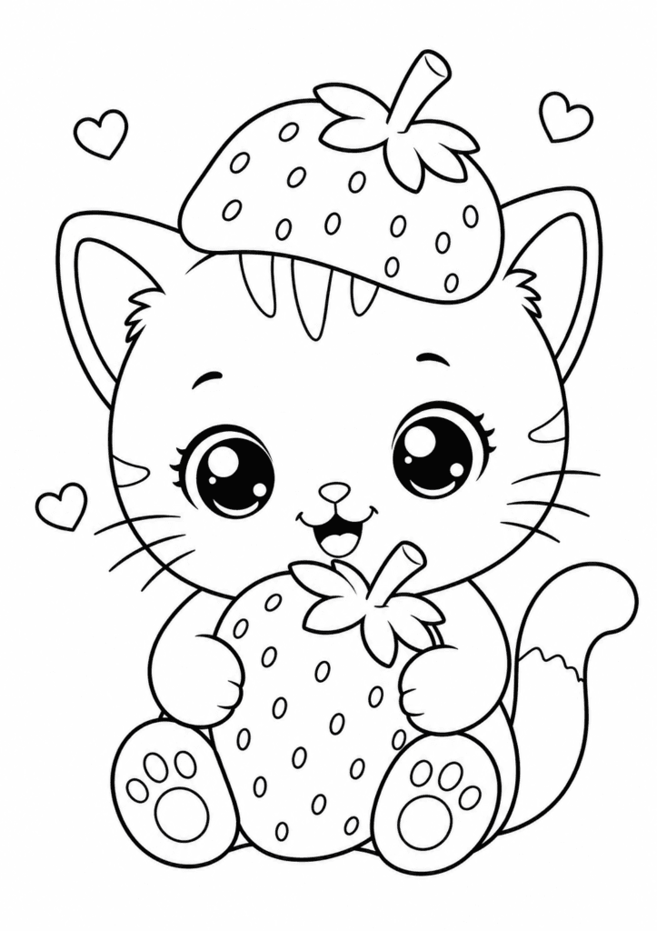 Cute strawberry kitten coloring page holding a giant strawberry for kids