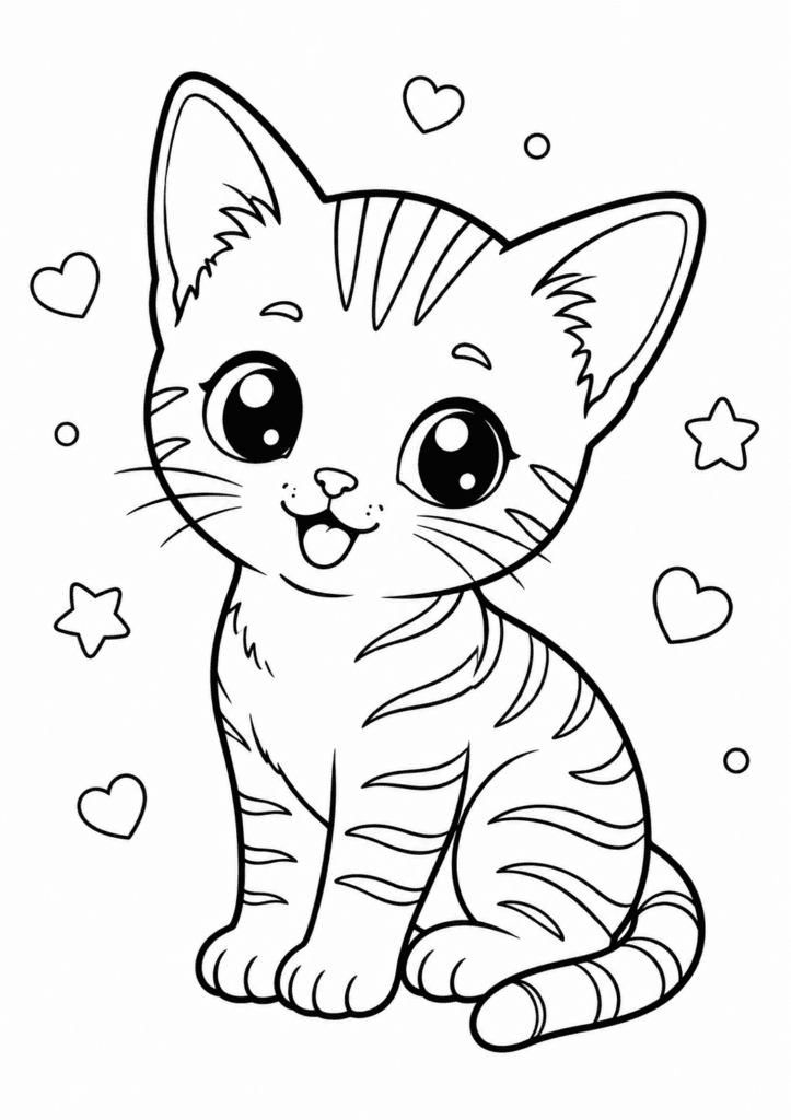 Cute tabby kitten coloring page for kids with kawaii striped cat