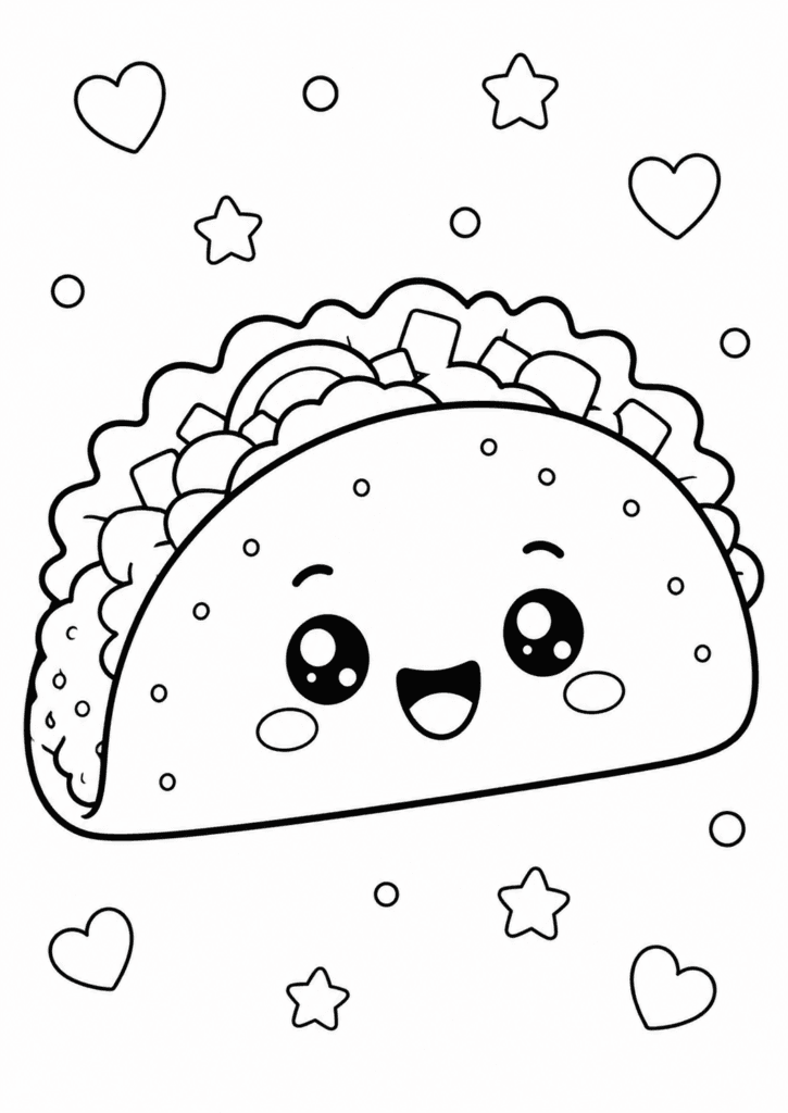 Cute taco coloring page for kids with kawaii smiling taco