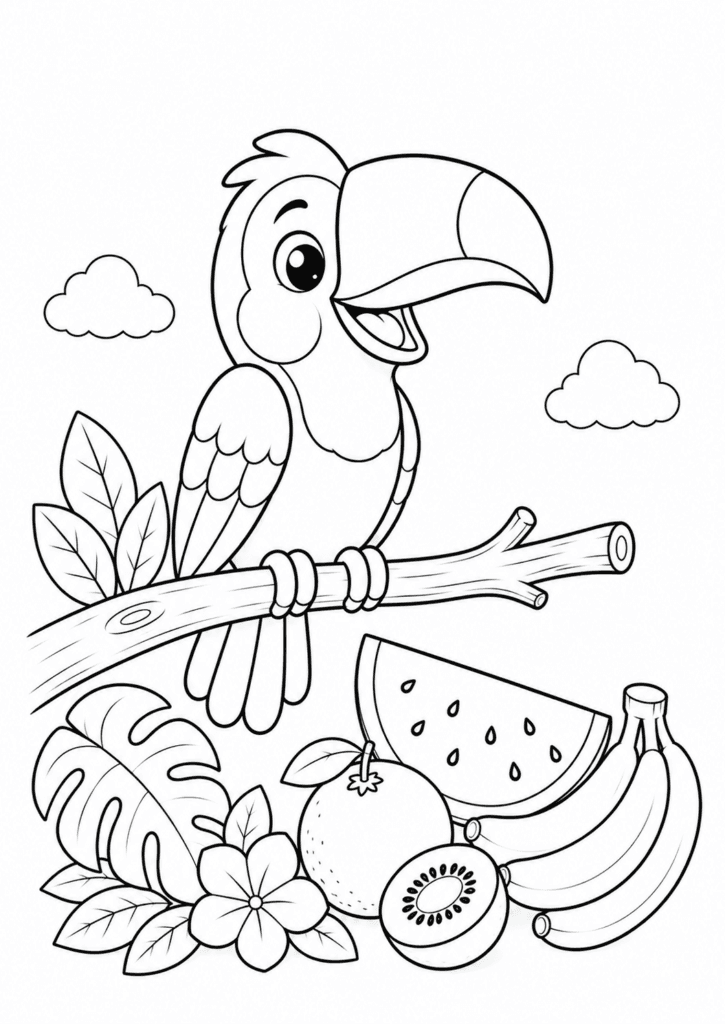 Cute toucan with fruit coloring page for kids
