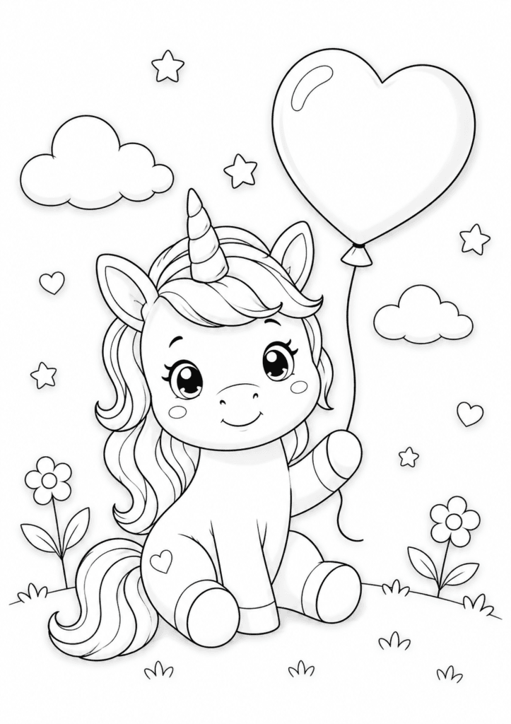cute unicorn with heart balloon coloring page for kids