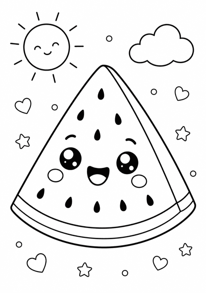 Cute watermelon coloring page for summer with kawaii smiling watermelon slice