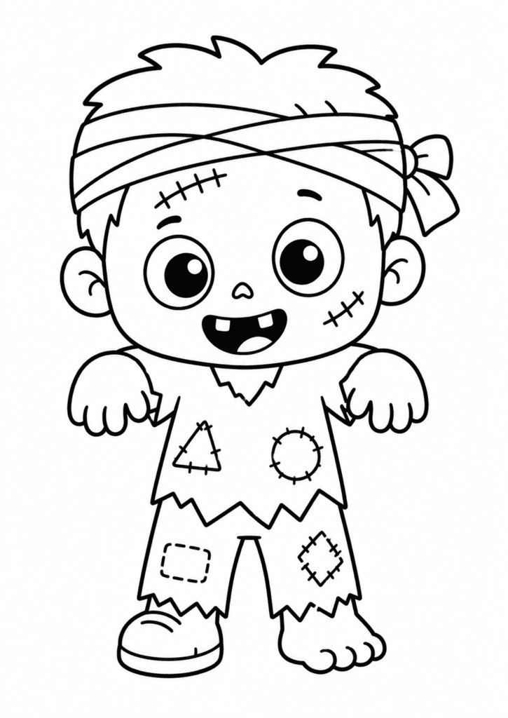 Cute zombie with head bandage coloring page for kids