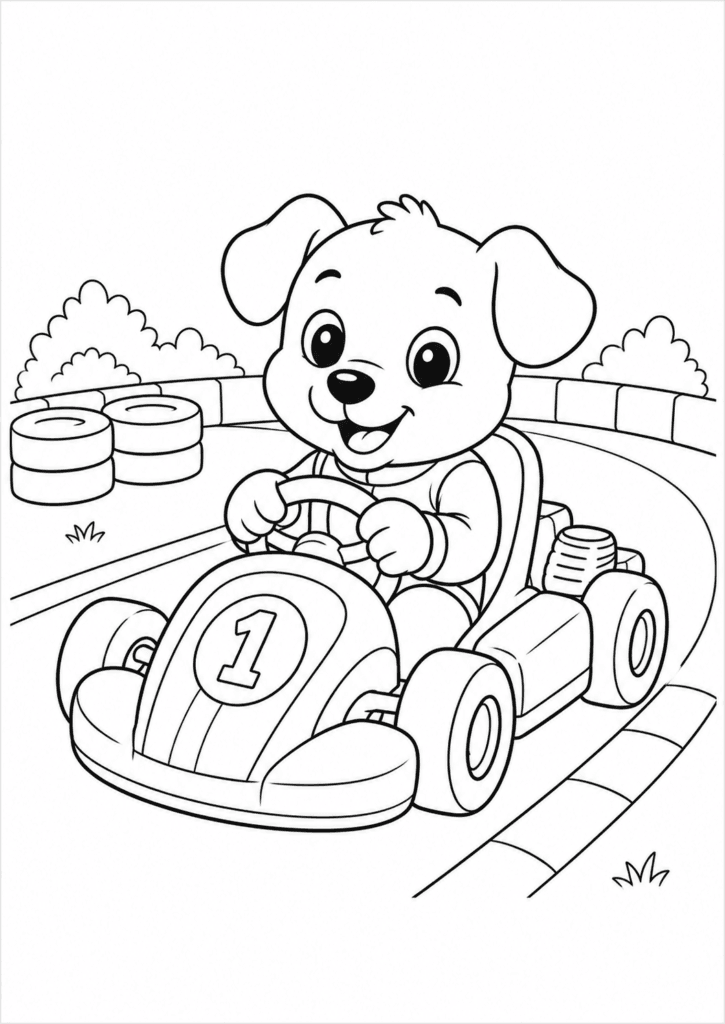 Cute dog driving a go-kart coloring page for kids