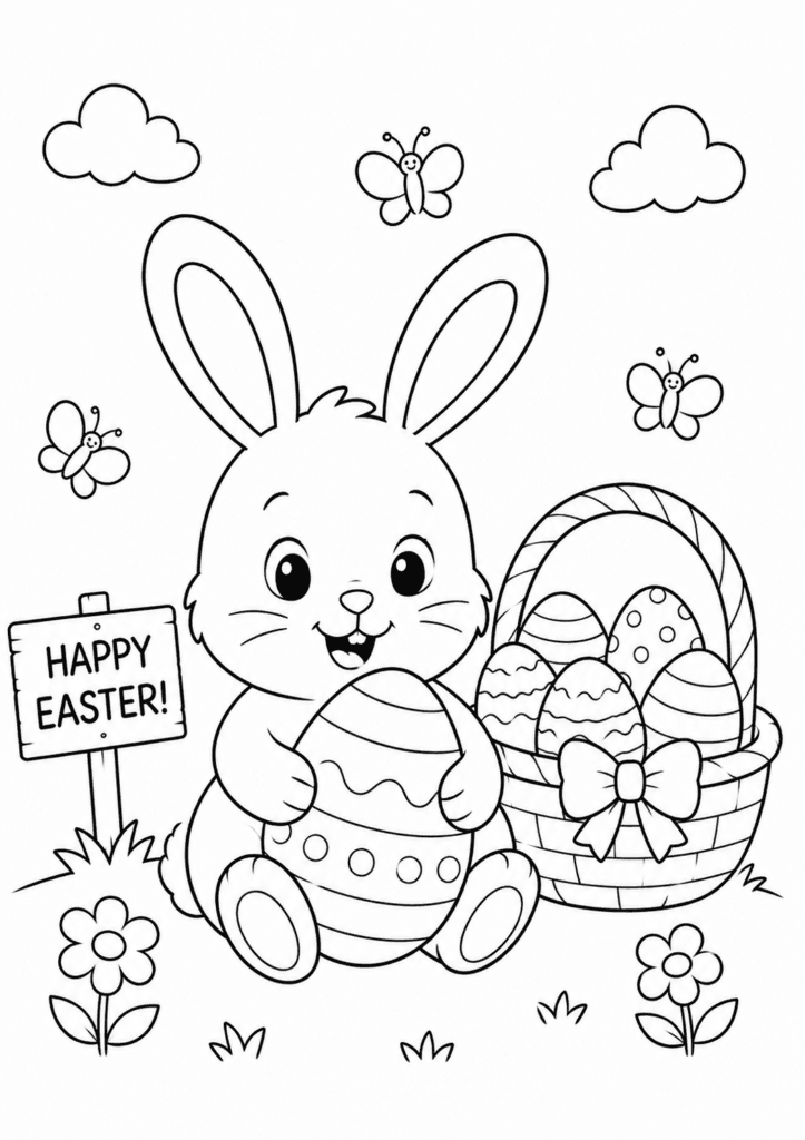 Easter bunny coloring page with Easter eggs and basket for kids