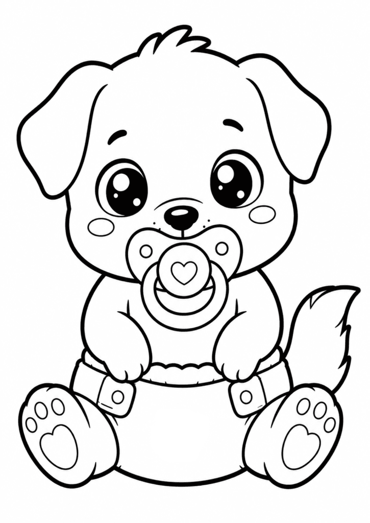 Cute baby puppy in diaper coloring page with pacifier for toddlers