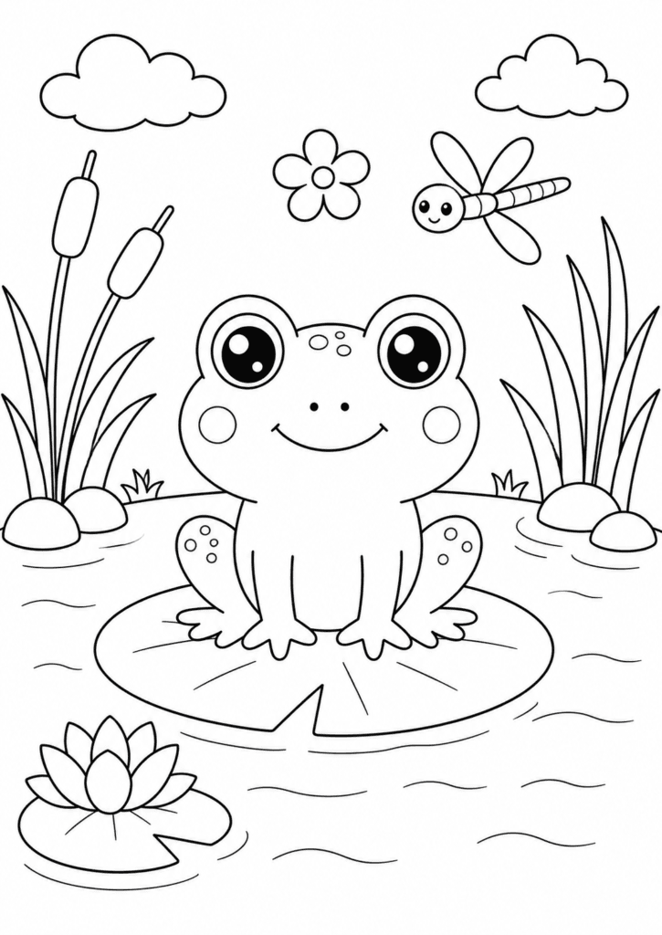 Easy frog pond coloring page for kids