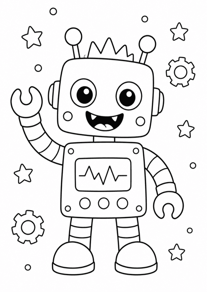 Easy robot monster coloring page for kids with cute cartoon robot