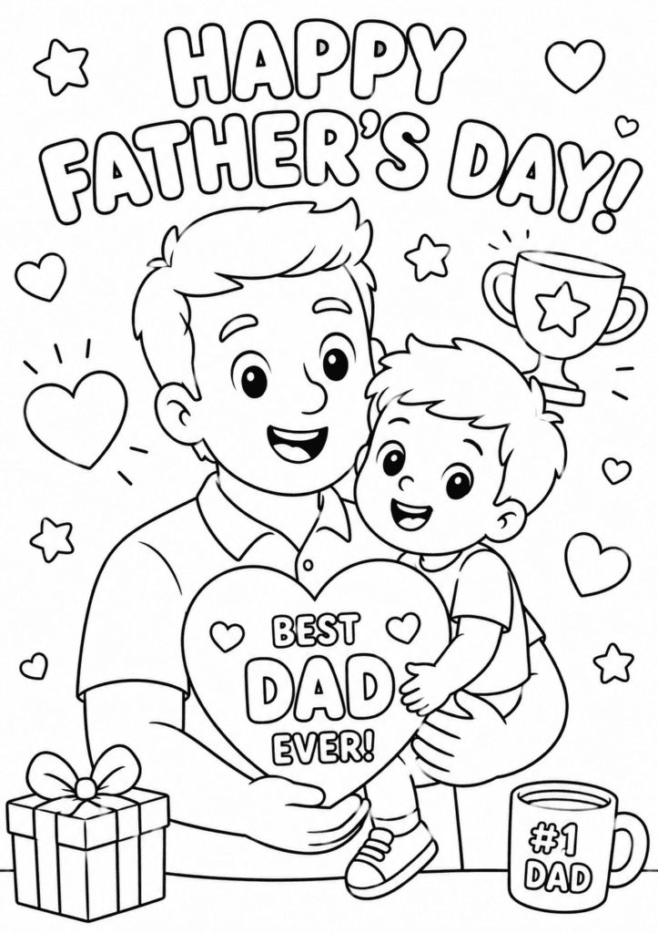 Father’s Day coloring page with dad and child holding heart