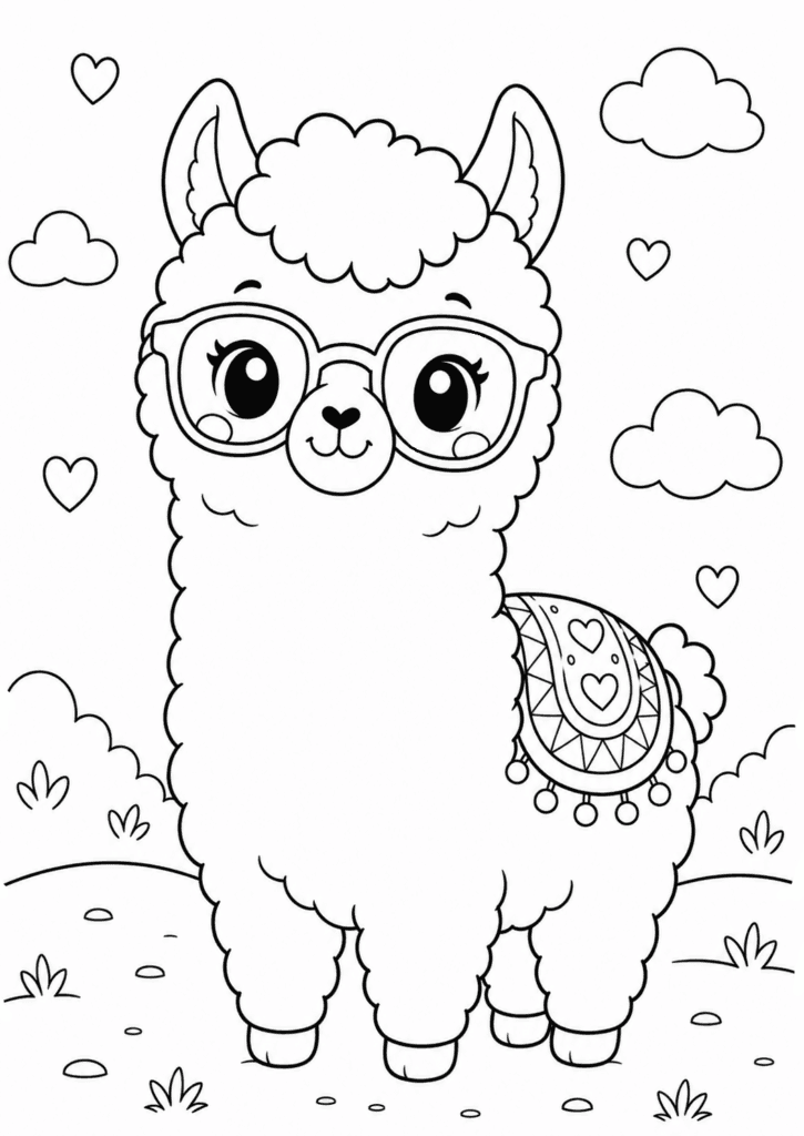 Fluffy llama wearing glasses coloring page for kids