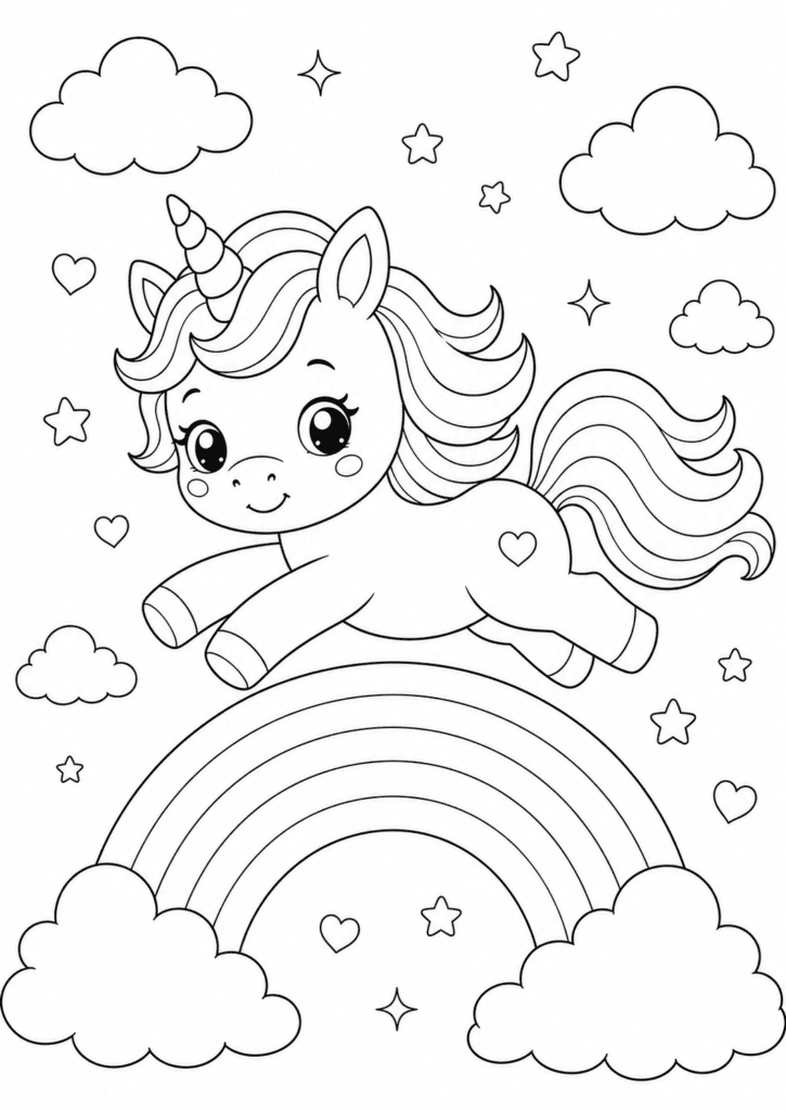 flying unicorn above rainbow coloring page for kids