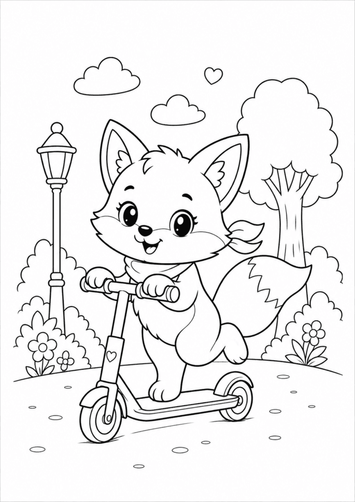 Cute fox riding scooter coloring page for kids