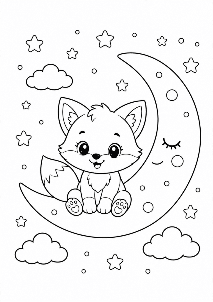 Cute fox sitting on a crescent moon coloring page for kids
