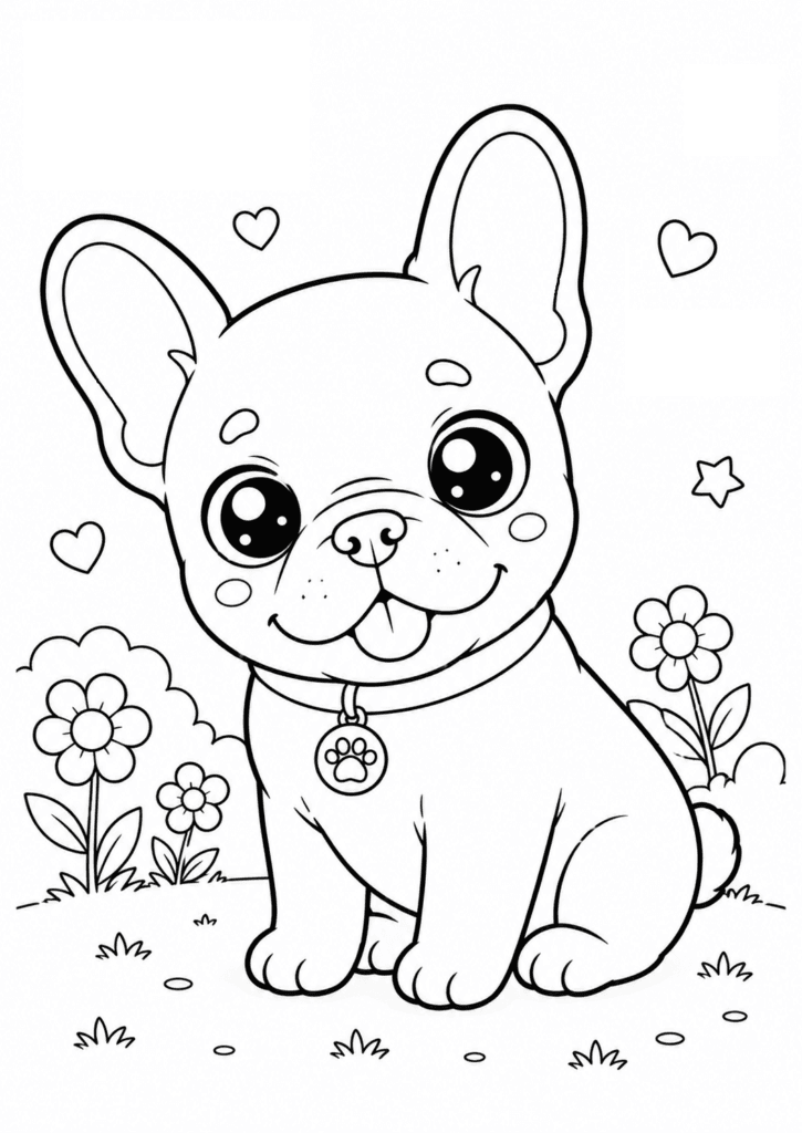 Cute French bulldog coloring page for kids with kawaii puppy