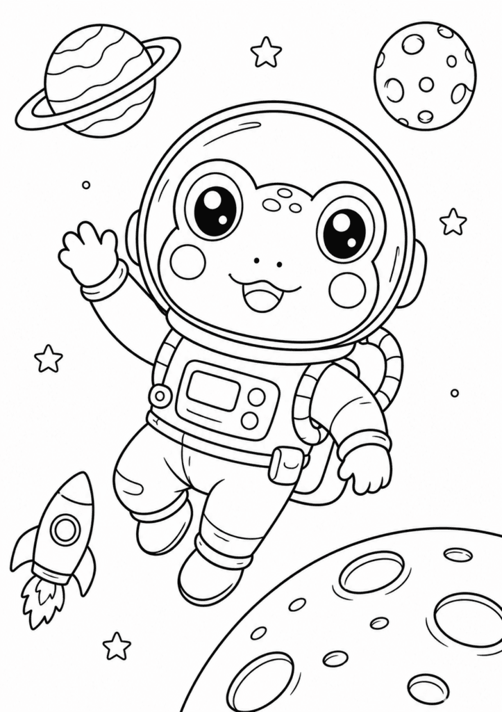 Cute frog astronaut in space coloring page for kids