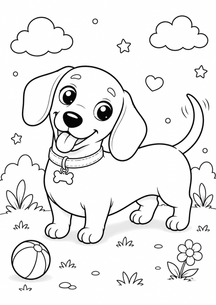 Funny dachshund coloring page for kids with cute kawaii dog