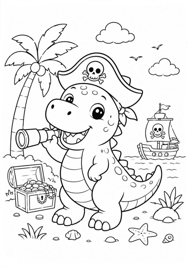 Funny dinosaur in pirate hat coloring page for kids