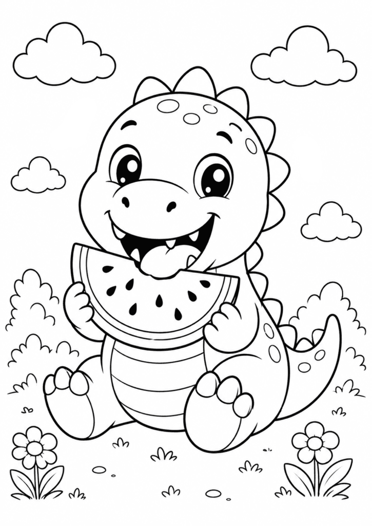 Funny dinosaur eating watermelon coloring page for kids