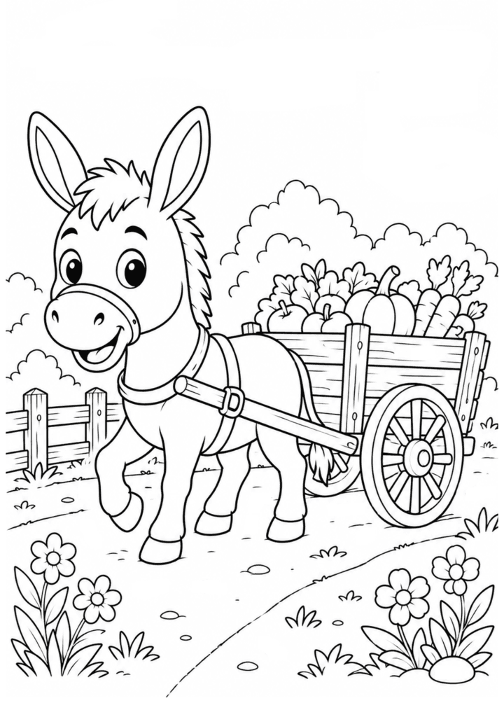 Funny donkey pulling a cart coloring page for kids
