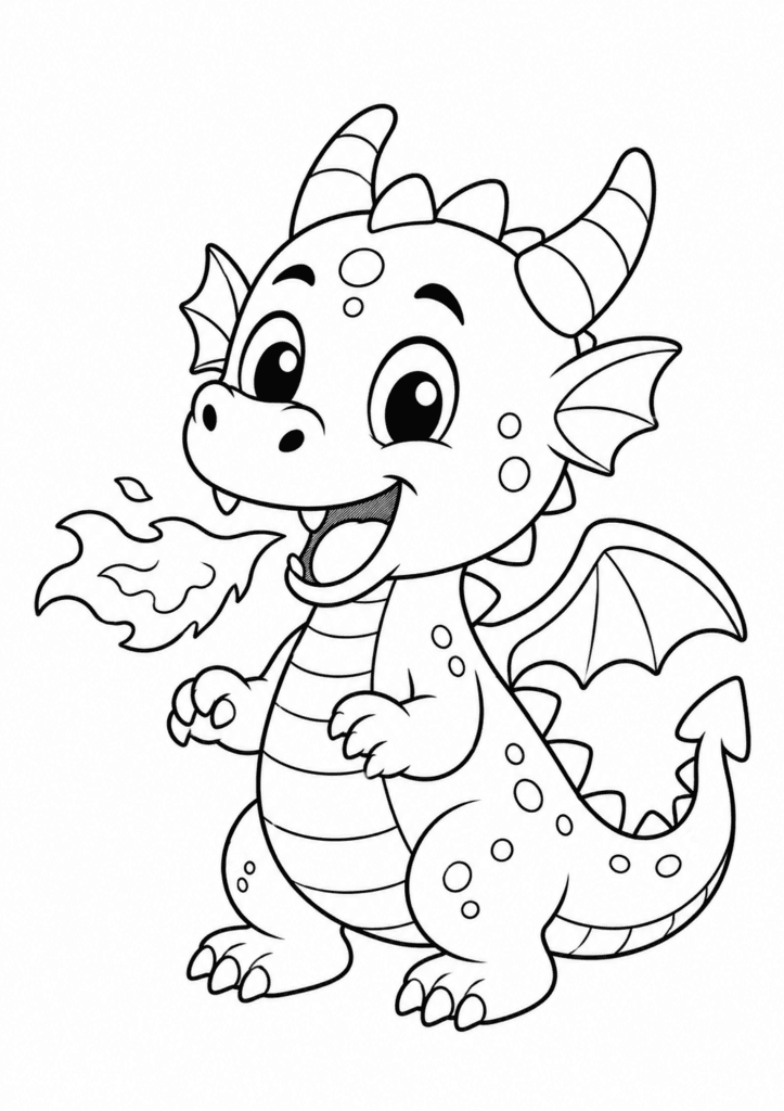 Funny dragon breathing fire coloring page for kids