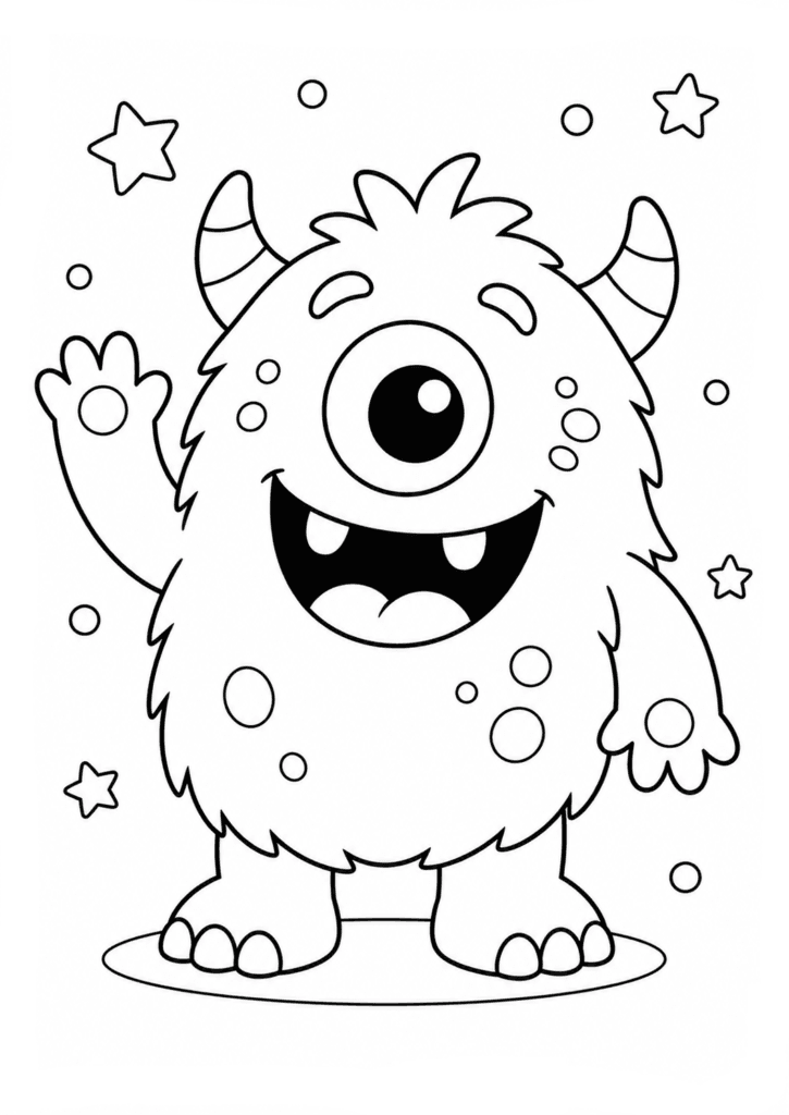 Funny monster coloring page with cute one eye monster for kids