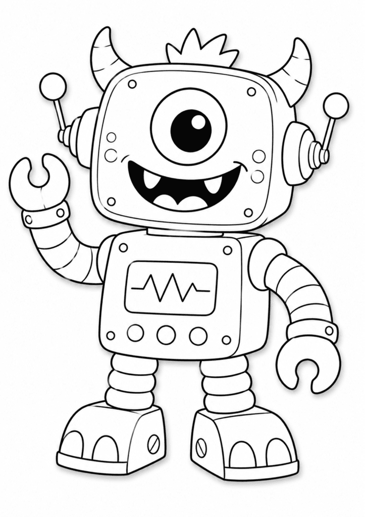 Funny monster robot coloring page with cute one eye robot monster