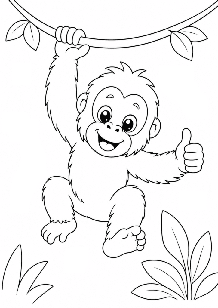 Funny orangutan coloring page for kids swinging in jungle