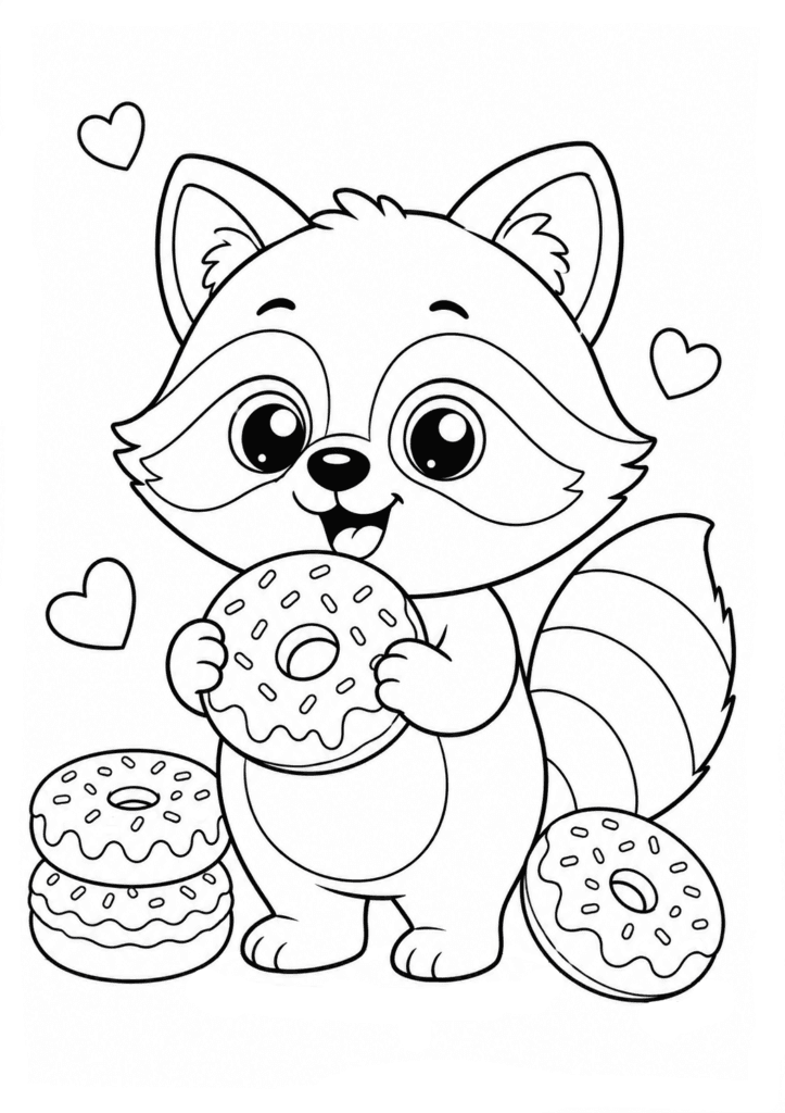 Funny raccoon holding donuts coloring page for kids