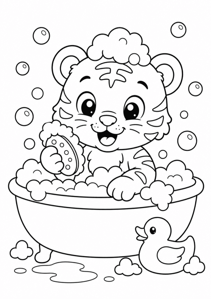 Funny tiger taking bubble bath coloring page for kids