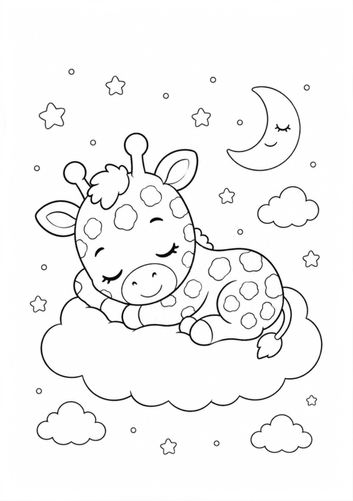 Cute giraffe sleeping on a cloud coloring page for toddlers