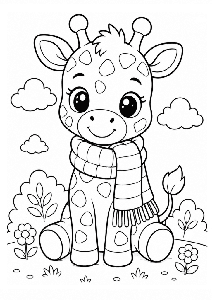 Cute giraffe wearing cozy scarf coloring page for kids