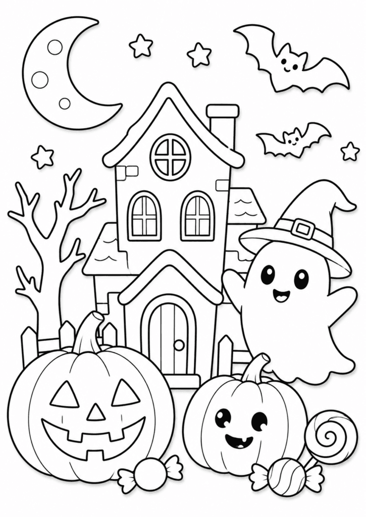 Halloween coloring page printable with ghost pumpkins and haunted house
