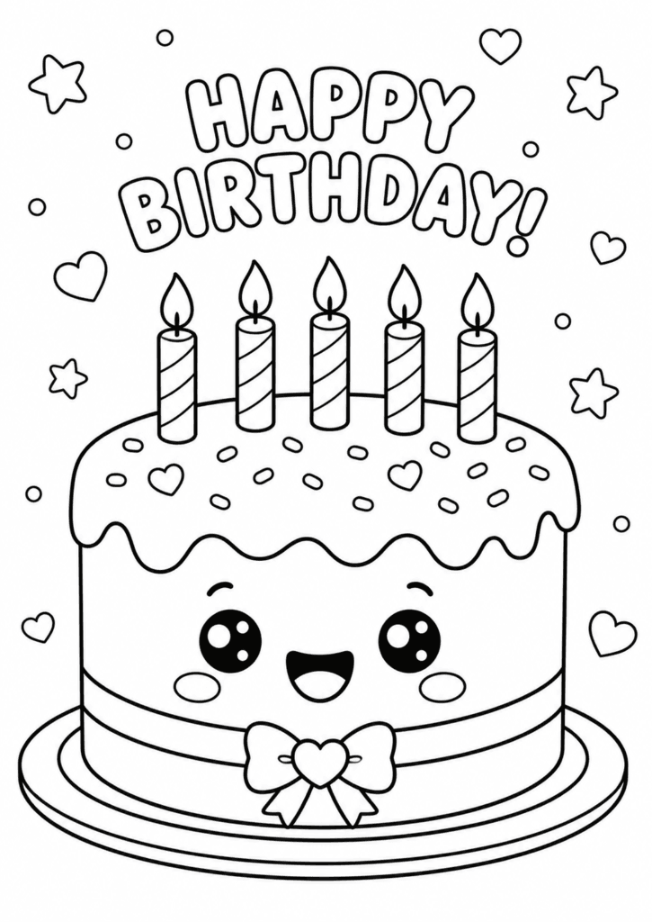 Happy birthday cake coloring page for kids with cute kawaii birthday cake