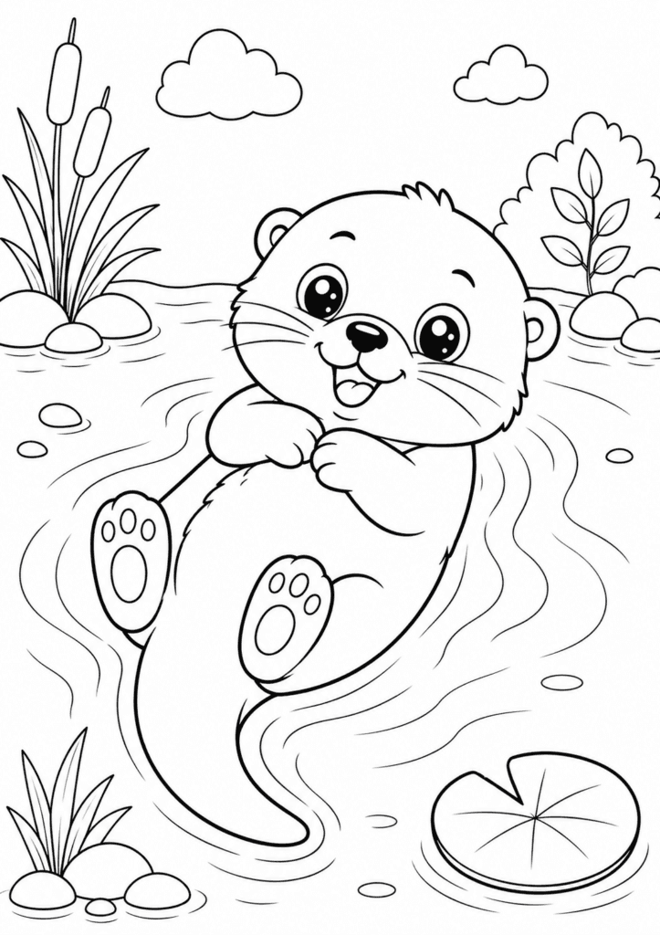 Happy otter floating in water coloring page for kids