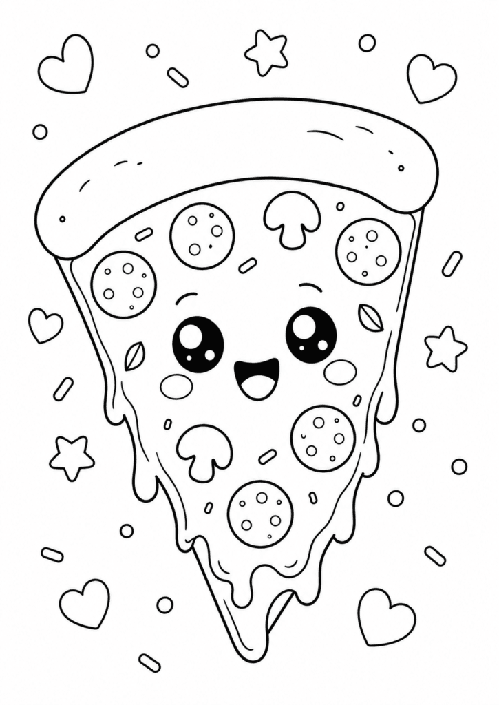 Happy pizza coloring page printable for kids with cute kawaii pizza slice