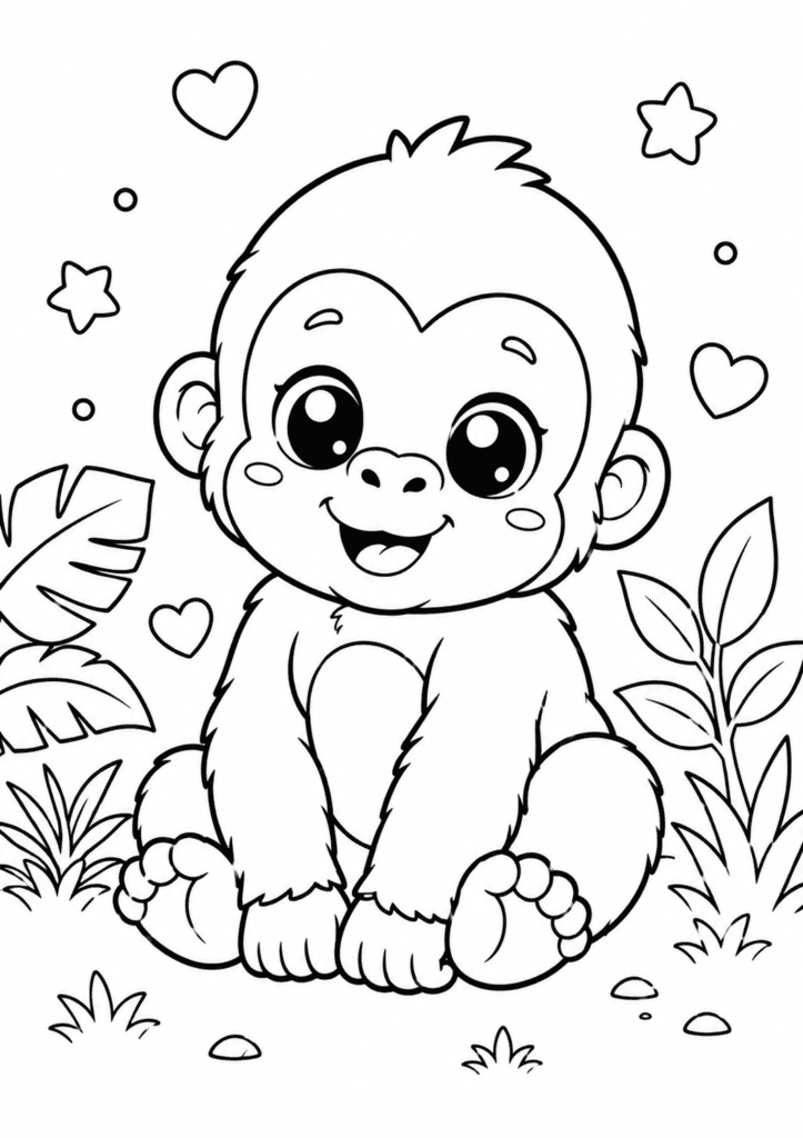 Kawaii baby gorilla coloring page for kids in jungle scene
