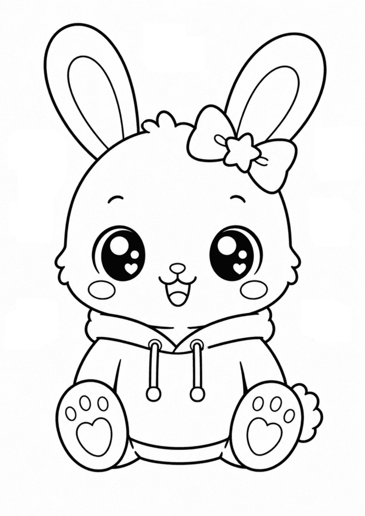 kawaii bunny in hoodie coloring page for toddlers easy
