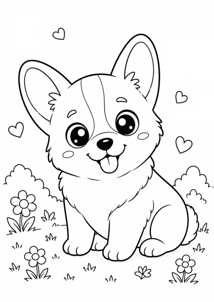 Cute kawaii corgi coloring page for kids with adorable puppy