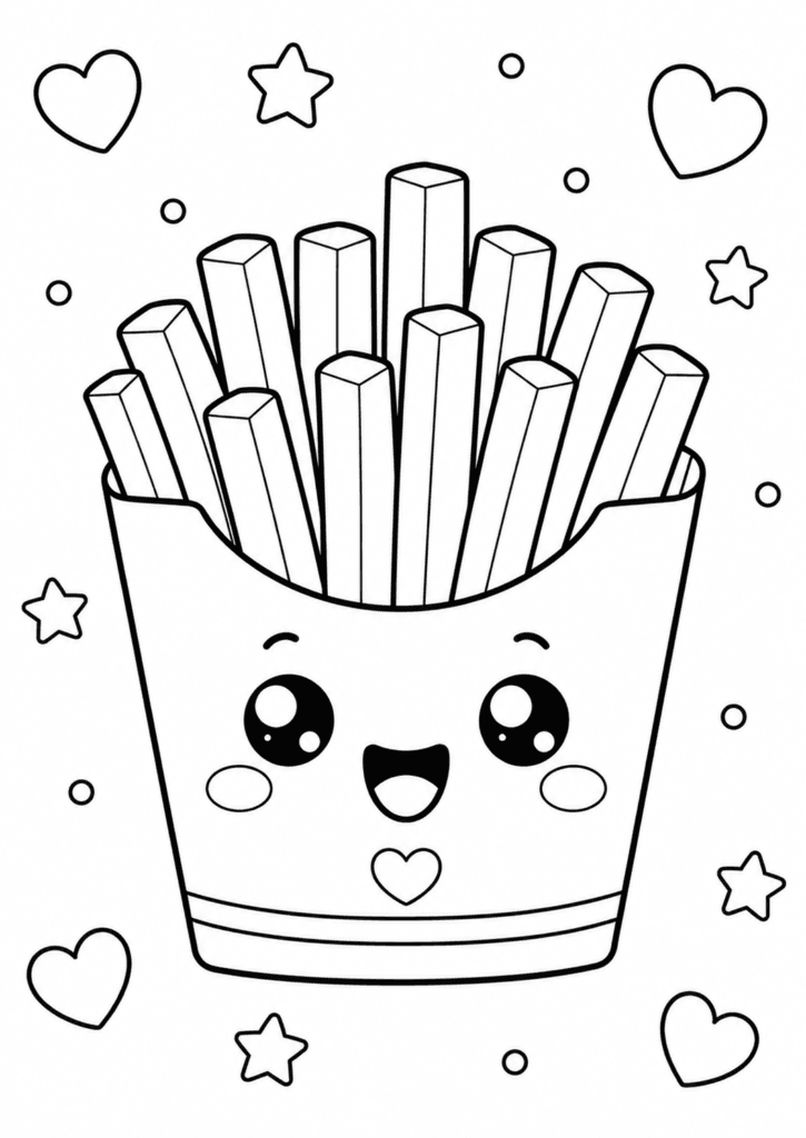 Kawaii French fries coloring page for kids with cute smiling fries