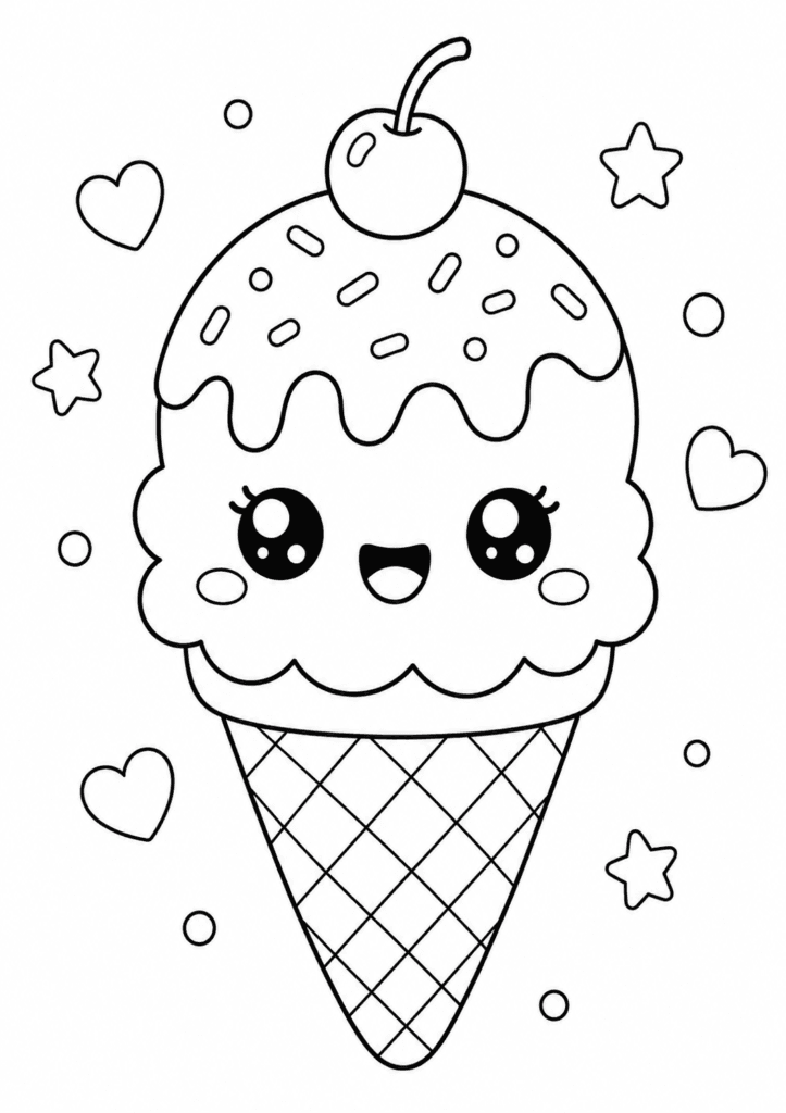 Kawaii ice cream coloring page for kids with cute smiling cone